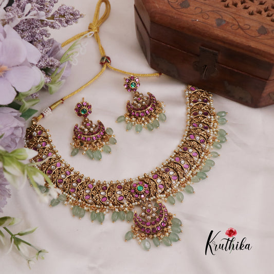 Beautiful Budget Friendly Jadau Floral Necklace with Pastel Green Beads NC2386