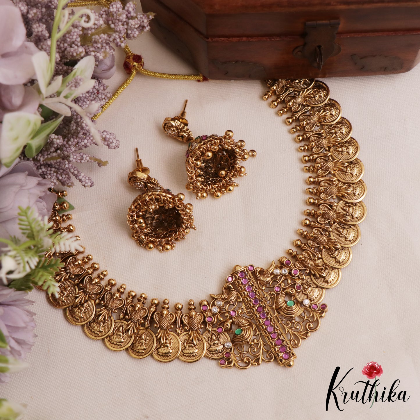 Premium Antique Peacock Motifs Lakshmi Kasu Necklace NC3051
