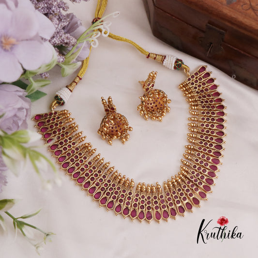 Trendy Kerala Design Ruby Palakka Choker with Earrings NC2391