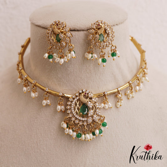 Elegant Peacock Motifs CZ Hasli Choker With Rice Pearl Drops NC3075 (Available In 2 Colors)