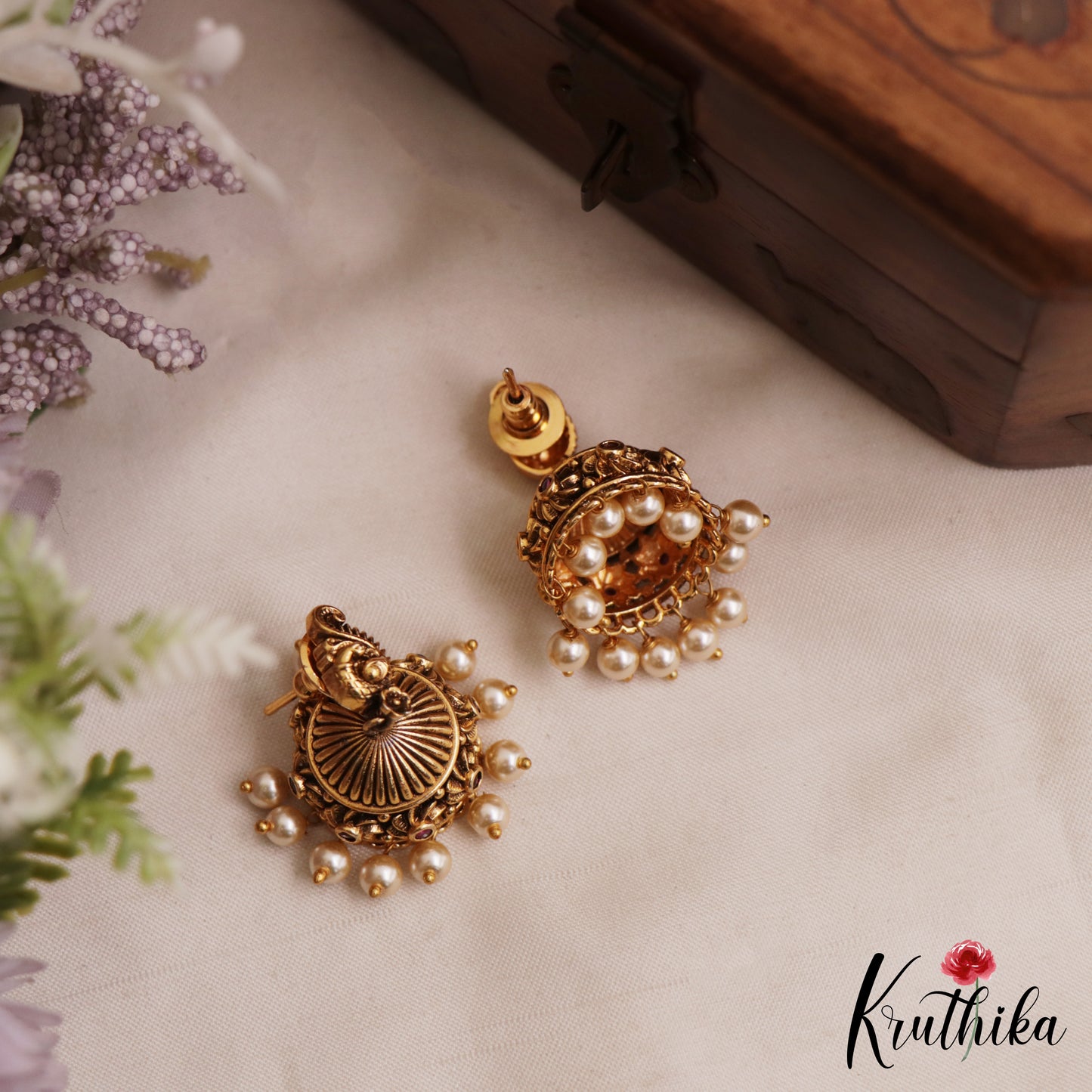 Pretty Antique Floral Peacock Motifs Jhumkas With Pearl Drops E1173