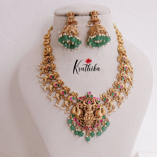 Elegant Peacock Lakshmi Jadau Necklace with Green Beads Drops NC2395