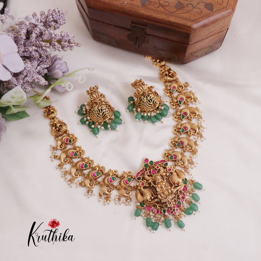 Elegant Peacock Lakshmi Jadau Necklace with Green Beads Drops NC2395