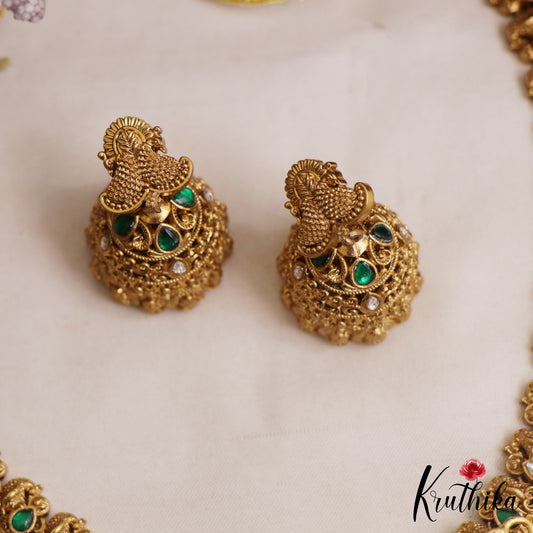 Gorgeous Antique Floral Peacock Motifs Lakshmi Kasu Jadau Necklace With Green Bead Drops NC3073