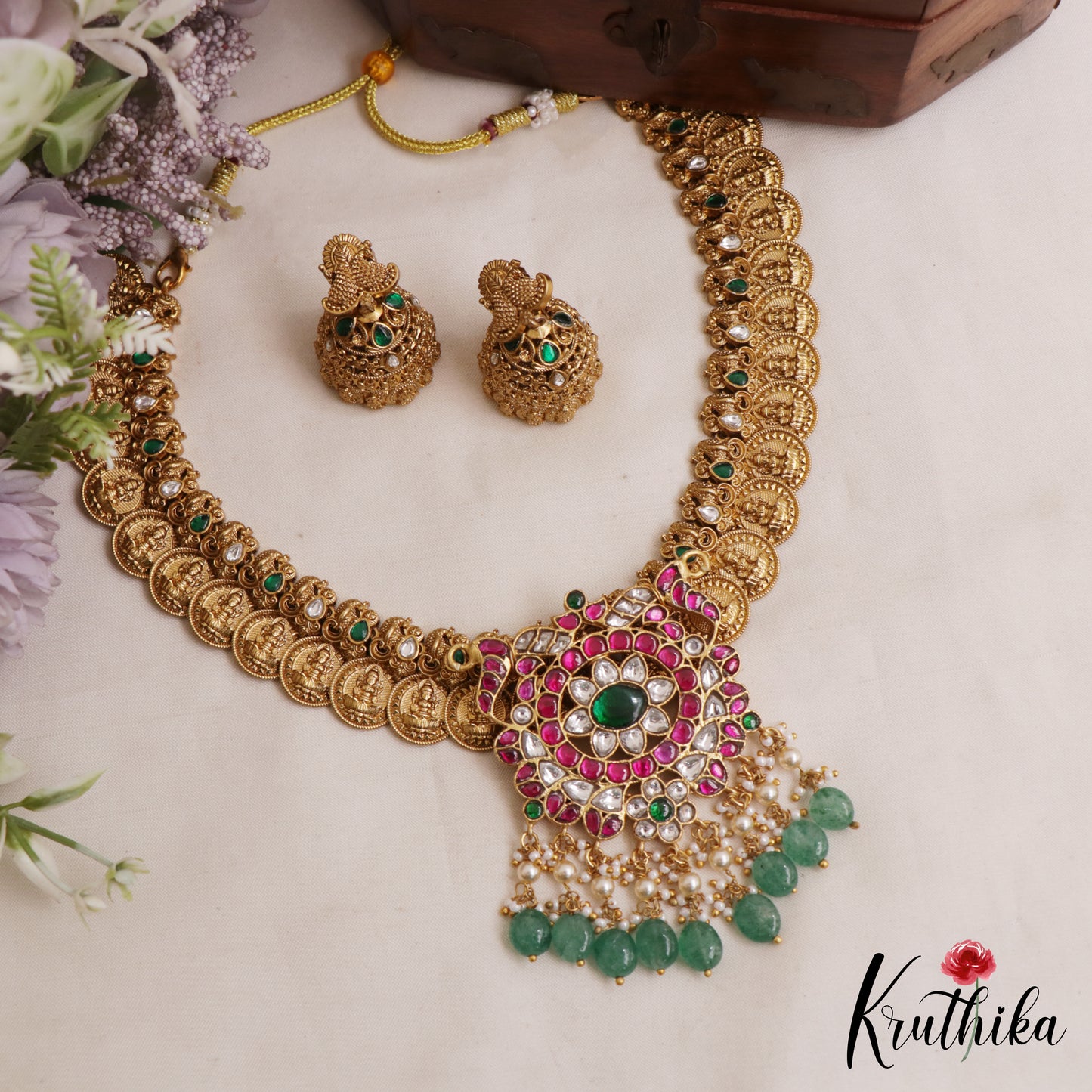 Gorgeous Antique Floral Peacock Motifs Lakshmi Kasu Jadau Necklace With Green Bead Drops NC3073