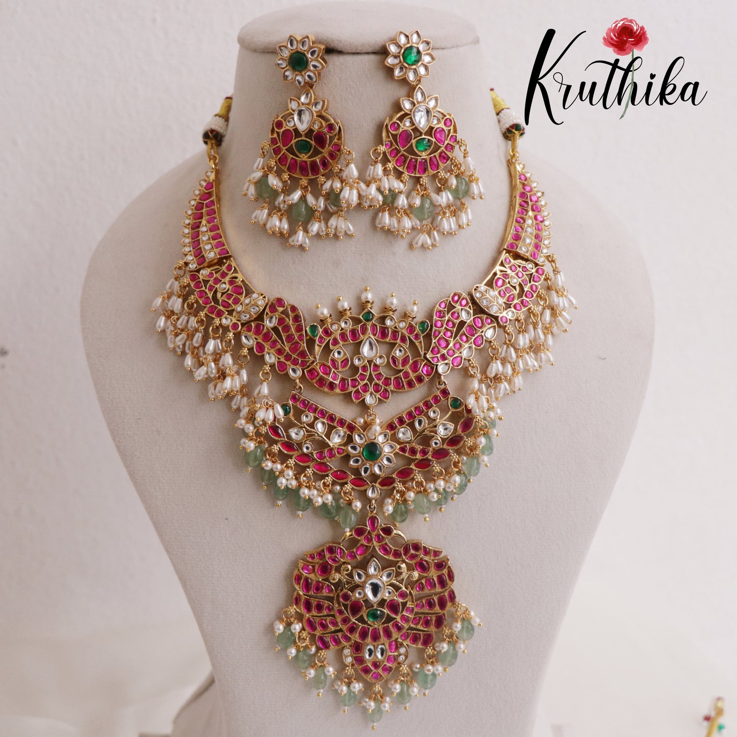 Grand Peacock Jadau Kundan Guttapoosalu Mid Length Haaram with Earrings LH1965