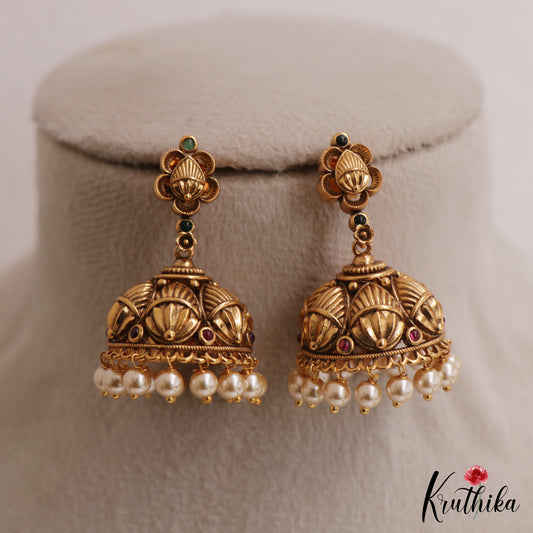 Elegant Antique Floral Motifs Jhumkas With Pearl Drops E1172