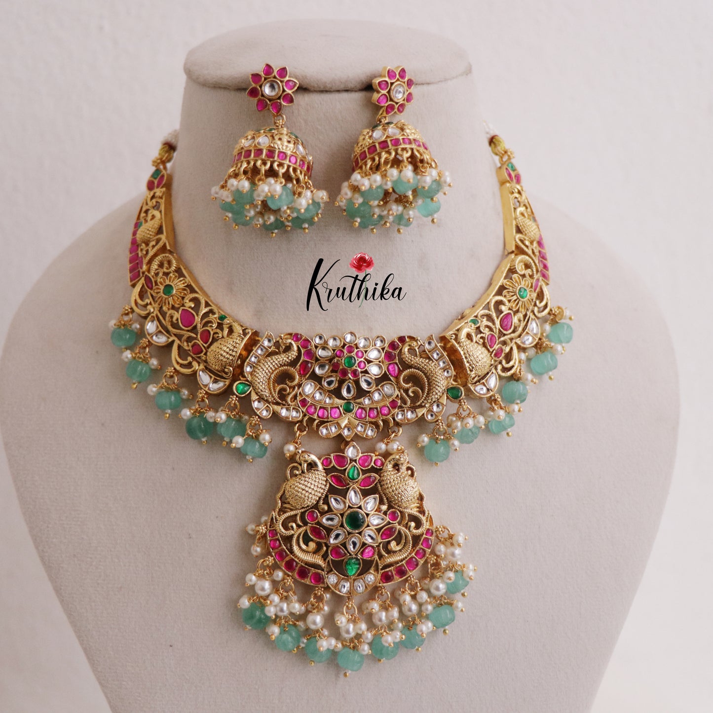 Beautiful Kundan Jadau Neckalce with Green Beads Drops Nc2355