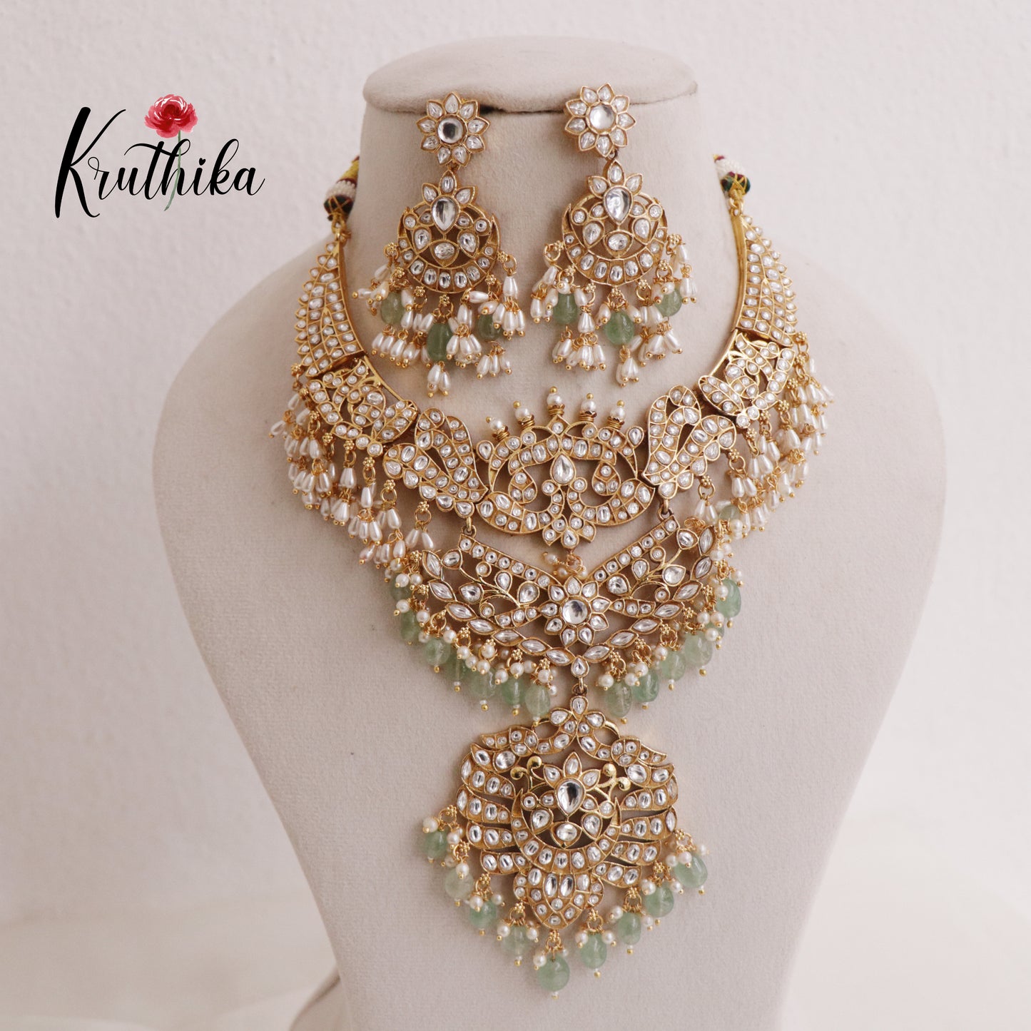 Grand Peacock Kundan Guttapoosalu Mid Length Haaram with Earrings LH1966