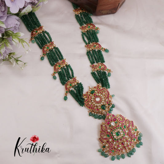 Grand Emerald Beaded Long Peacock Jadau Pendant Haaram LH1986