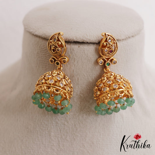 Pretty Antique Mango Motifs Jhumkas With Green Bead Drops E1171