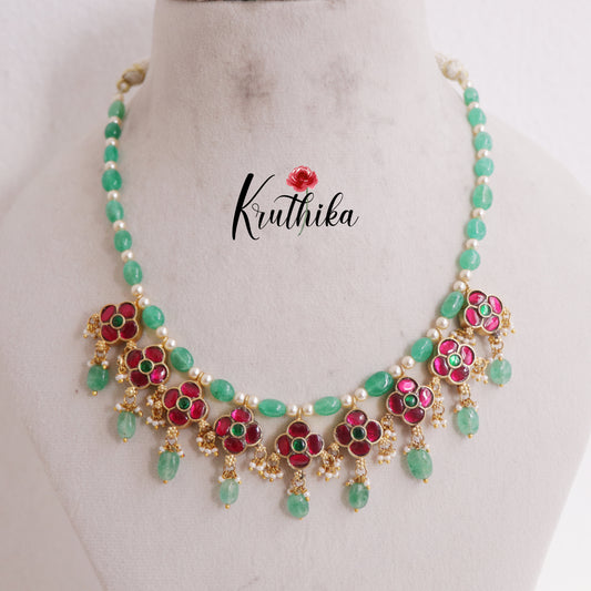 Trendy Emerald Beaded Two-in-One Reversible Floral Jadau Necklace with Beads Drops NC2382