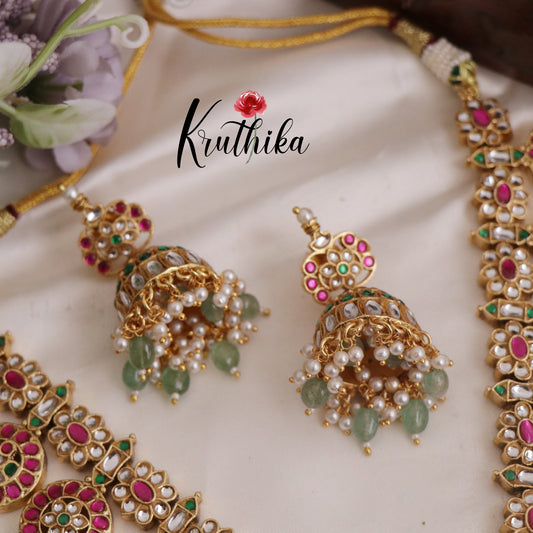 Royal Antique Peacock Jadau Bottu Necklace with Pastel Green Beads Drops NC2378