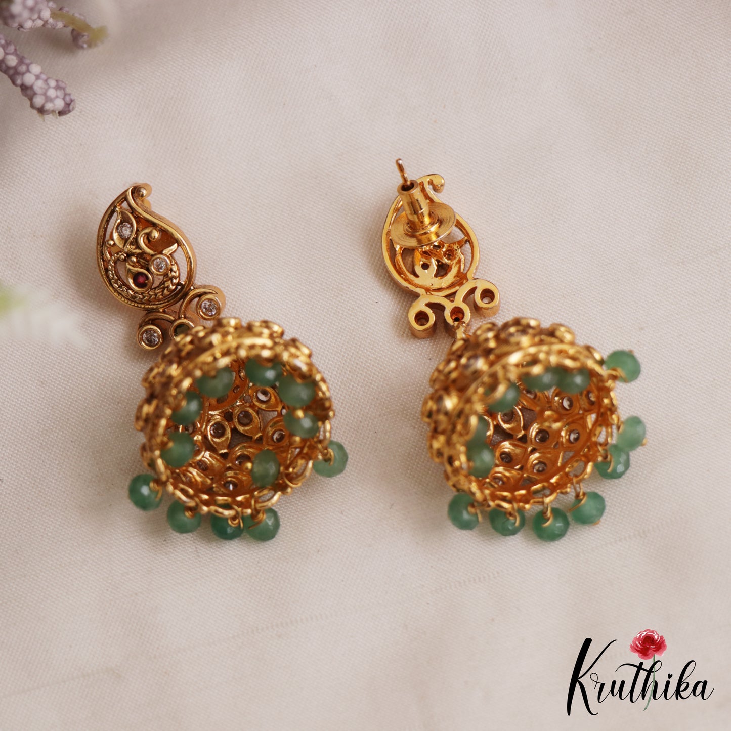 Pretty Antique Mango Motifs Jhumkas With Green Bead Drops E1171