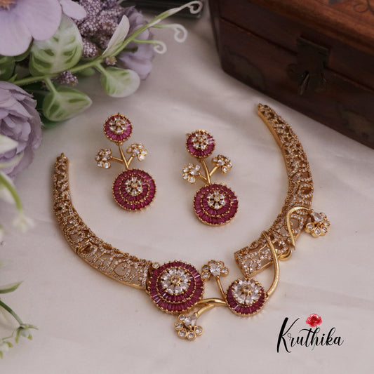 Beautiful AD Ruby Hasli Necklace with Floral Pendant Drop NC2396
