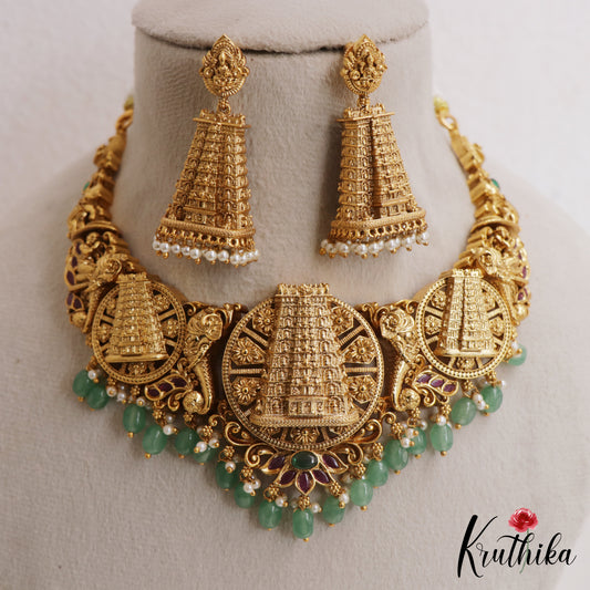 Premium Antique Nagas Gopuram Motifs Necklace With Green Bead Drops NC3069