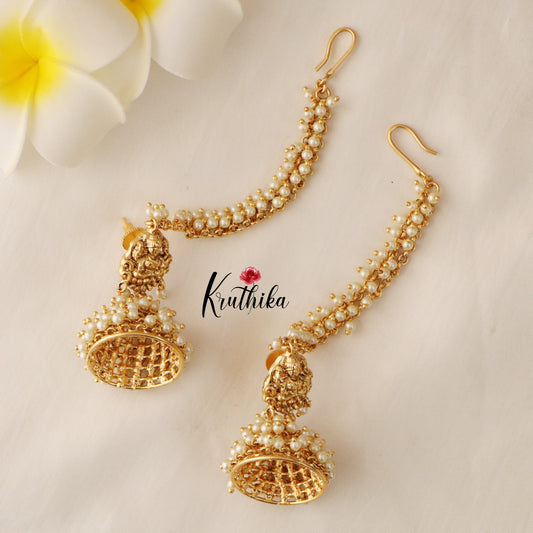 Premium Lakshmi Devi Pearl jhumkas with earchains E426