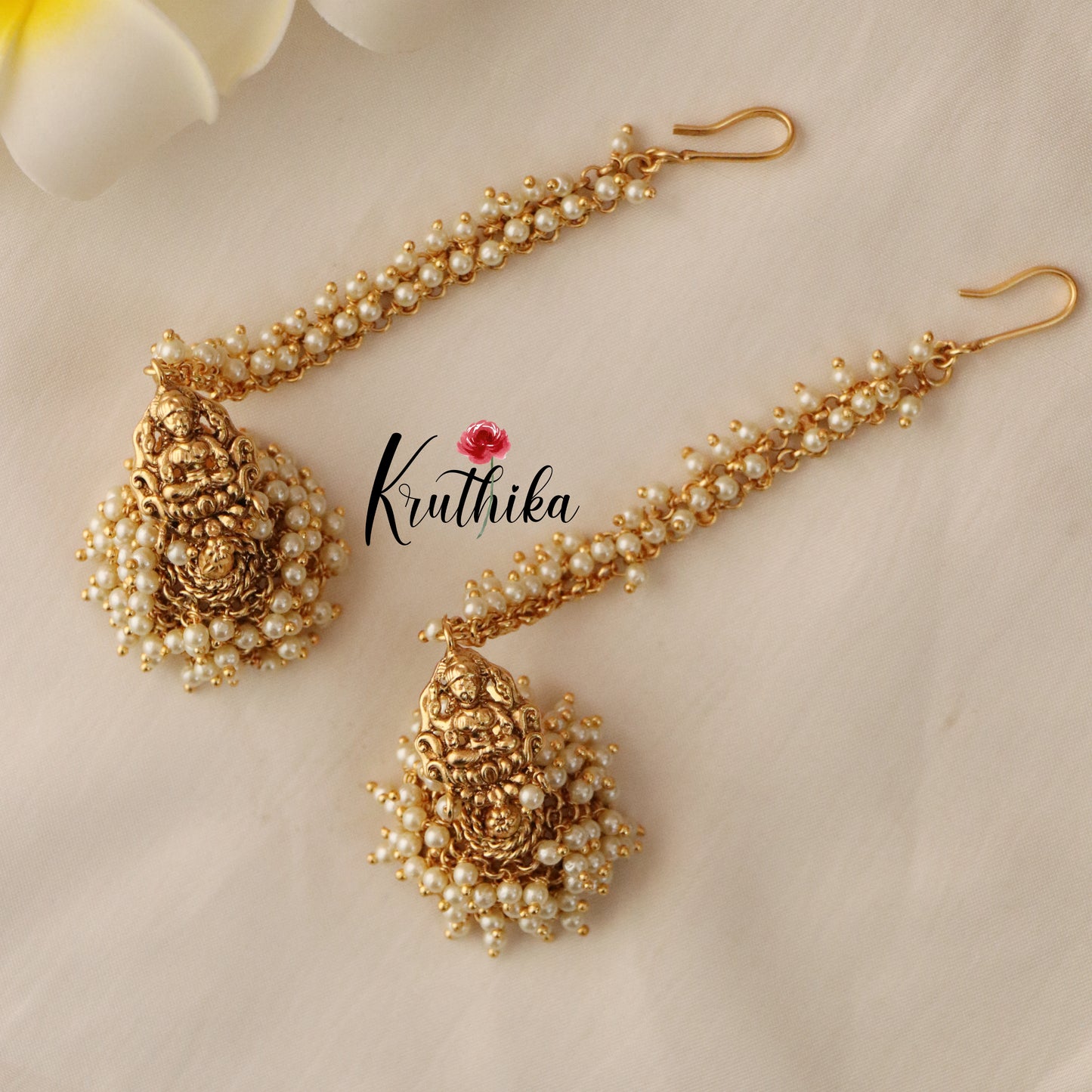 Premium Lakshmi Devi Pearl jhumkas with earchains E426