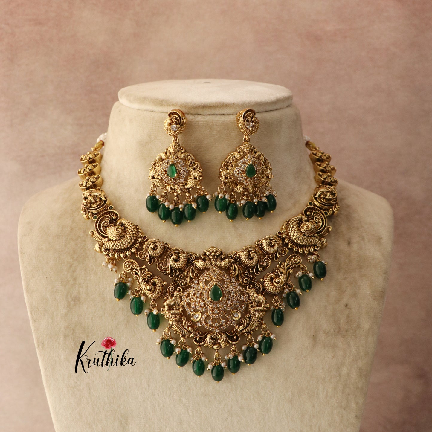 Designer Premium Polish AD Peacock Necklace green beads NC1240
