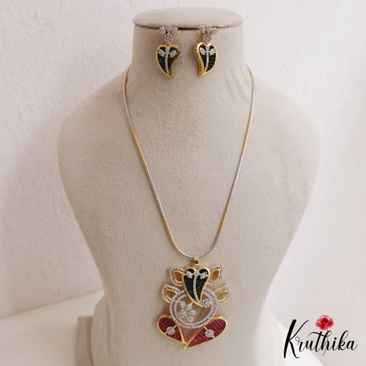 Elegant Lord Ganesha Motifs Dual-Tone CZ Victorian Pendant Chain Set NC3072