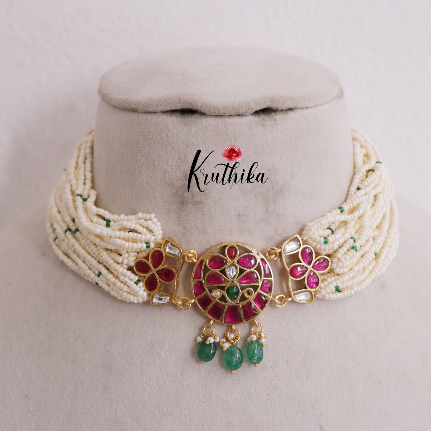 Gorgeous Pearl Beaded Jadau Choker with Green Beads Drops NC2400