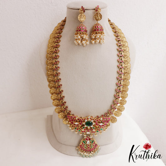 Premium Antique Floral Peacock Motifs Lakshmi Kasu Jadau Haaram With Green Bead Drops LH2125