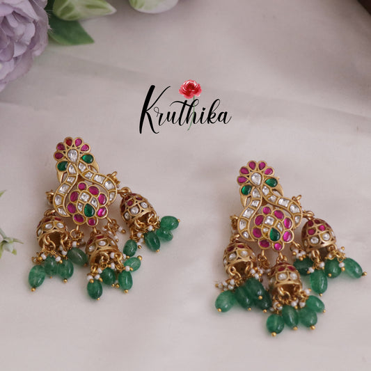 Beautiful Peacock Jadau Jhumkas with Green Beads Drops E729