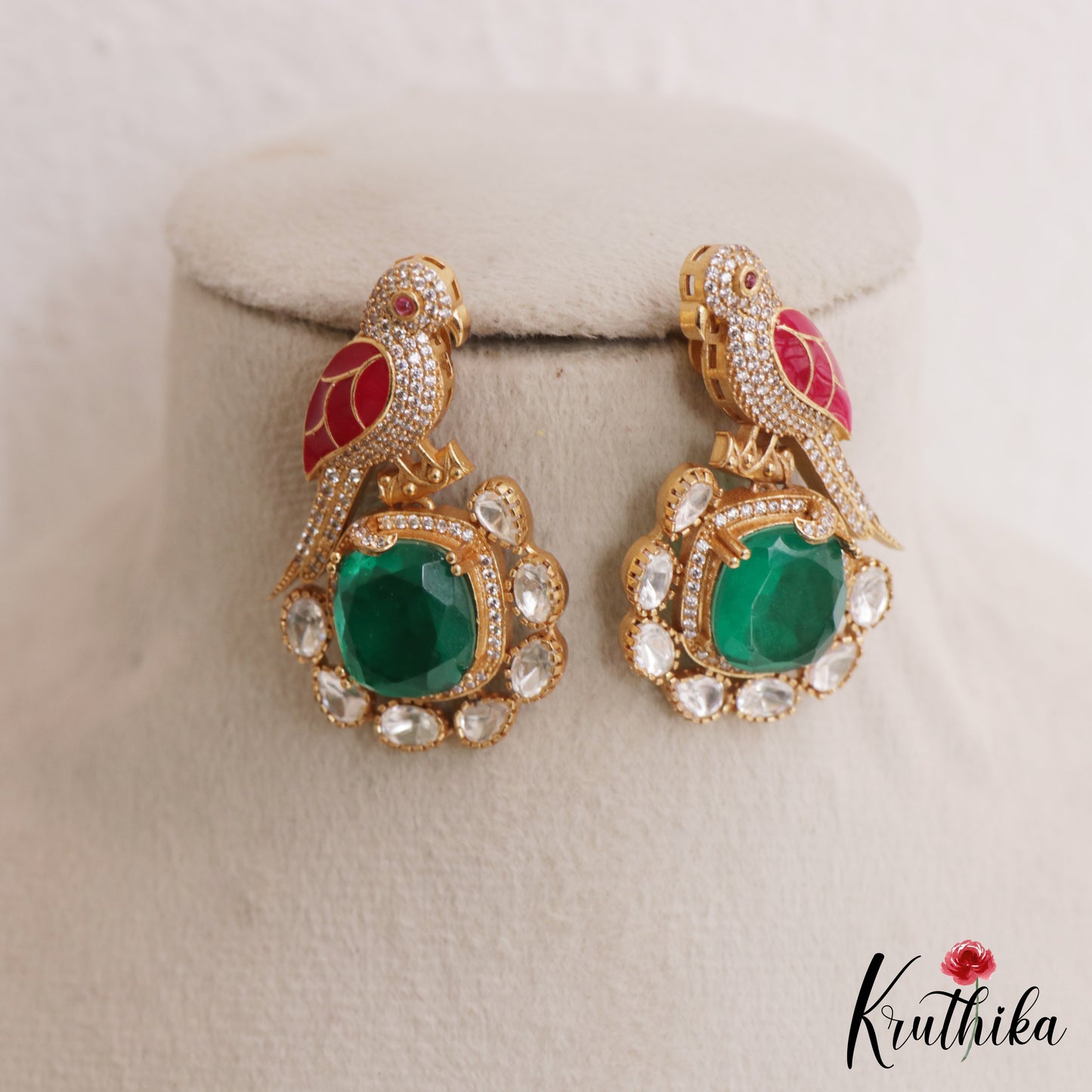 Gorgeous Parrot Motif Polki Victorian Stud Earrings E1099 (Available In 7 Colors)