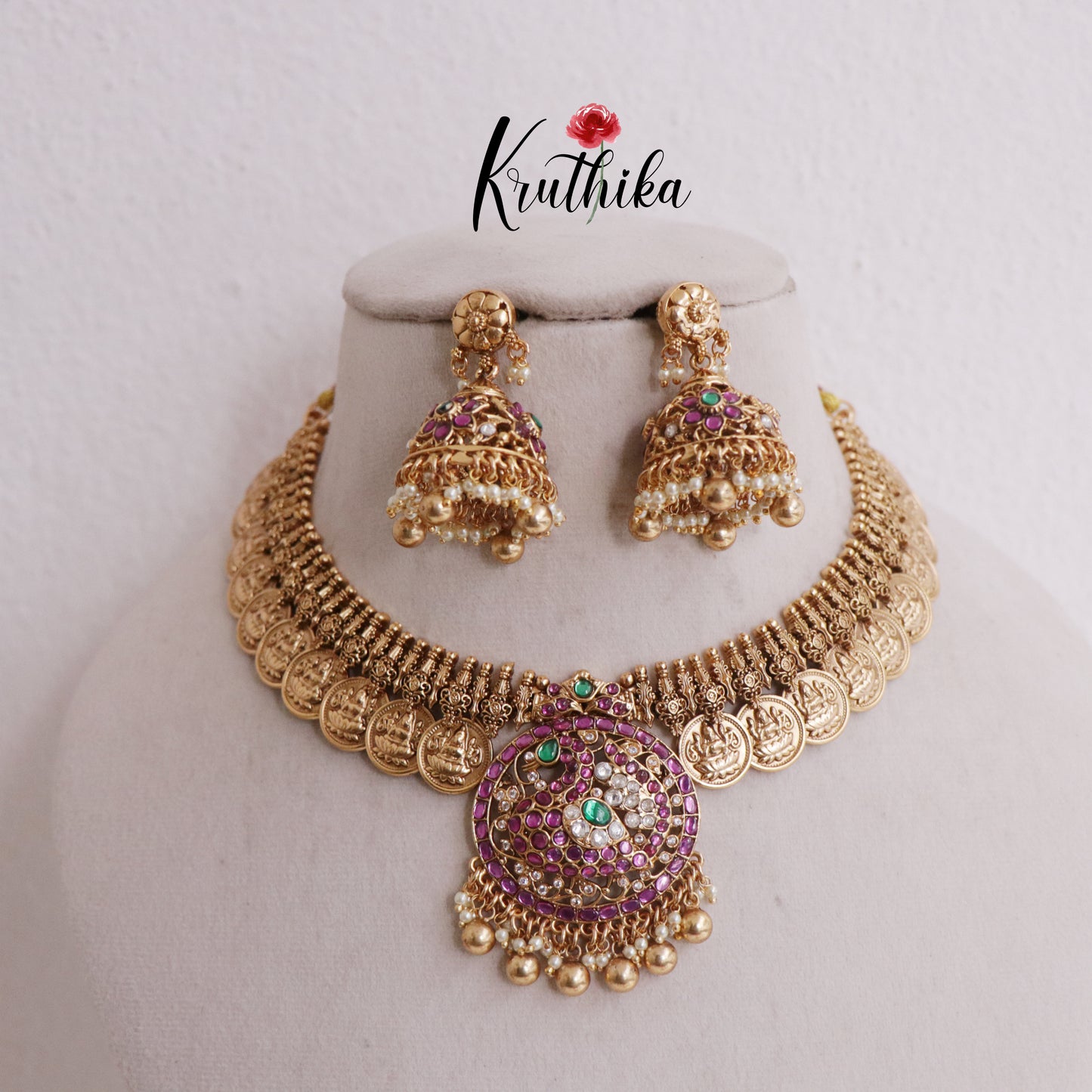 Beautiful Kasu Budget Friendly Jadau Necklace with Golden Beads Drops NC2384
