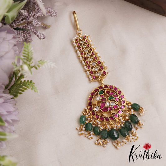 Stunning Peacock Motifs Jadau Maang Tikka With Green Bead Drops MT388
