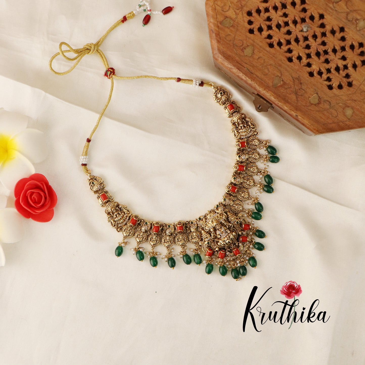 Beautiful Lakshmi Coral Stone Necklace-Green Beads NC1333