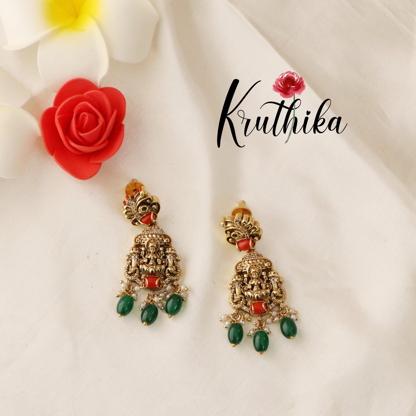 Beautiful Lakshmi Coral Stone Necklace-Green Beads NC1333