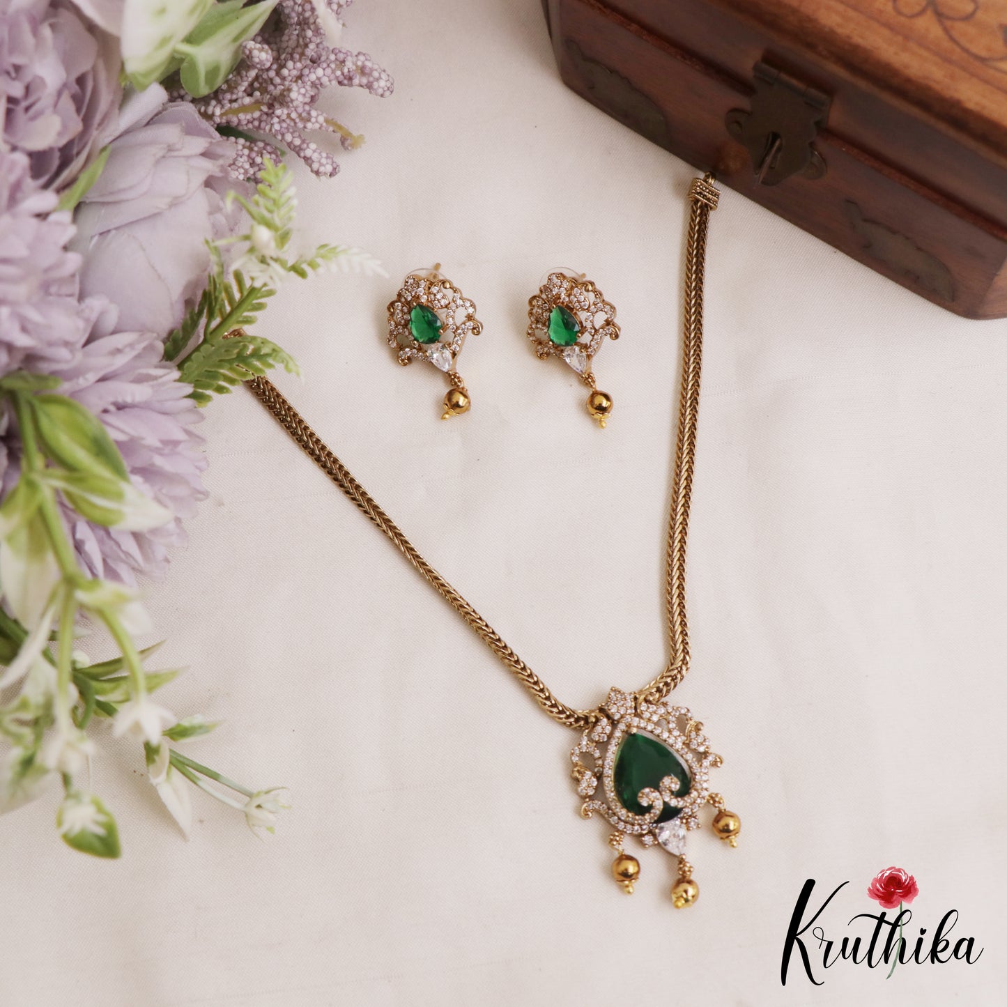 Pretty Floral Teardrop Motifs CZ Victorian Pendant Chain Set NC3047 (Available In 2 Colors)