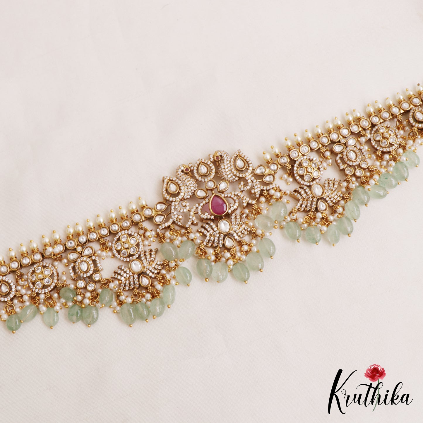 Sparkling Floral Peacock Motifs CZ Hip Belt With Green Bead Drops V375