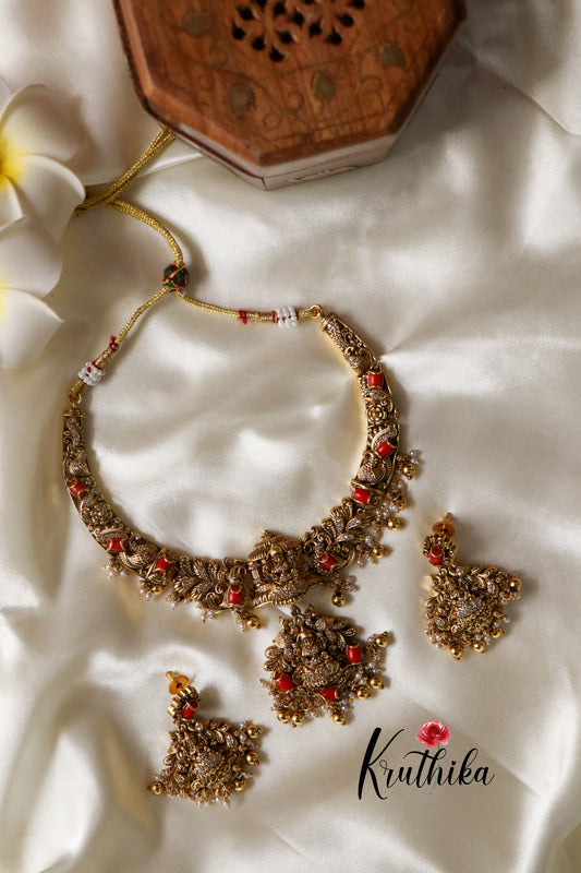 Antique Coral Lakshmi Necklace-Golden Beads NC1181