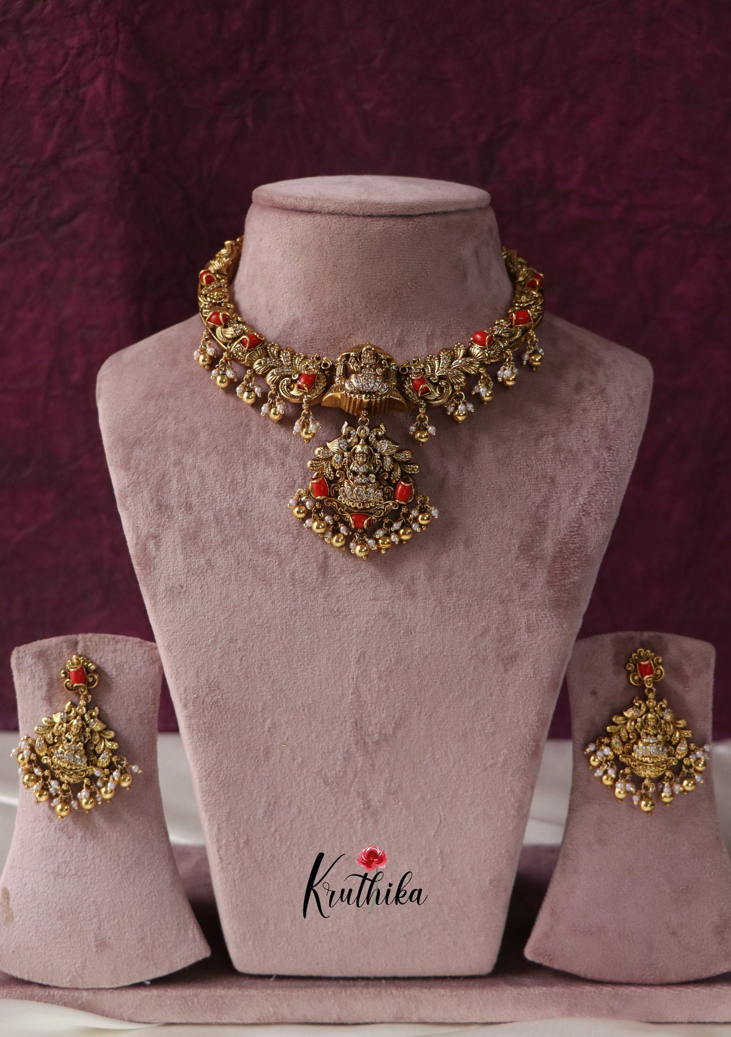 Antique Coral Lakshmi Necklace-Golden Beads NC1181