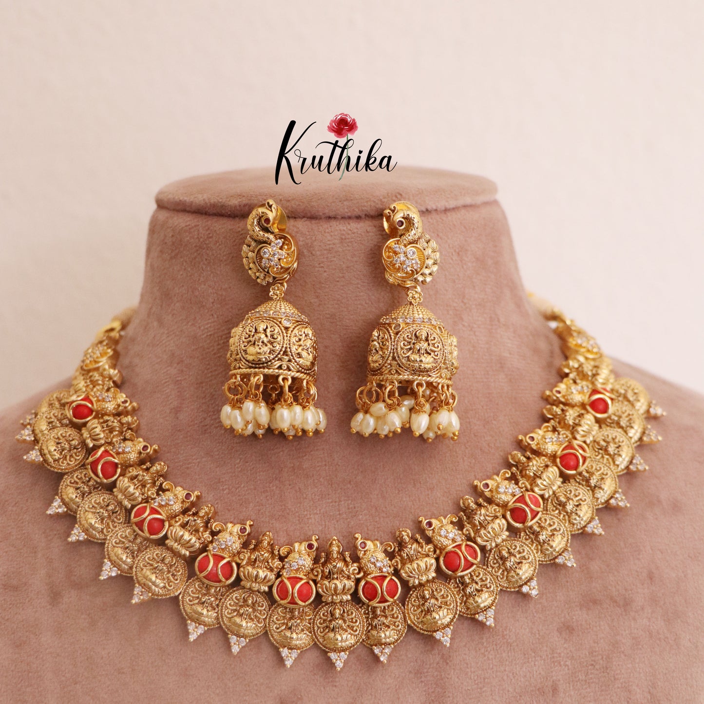 Beautiful Kasu Lakshmi Coral Necklace with jhumkas NC1793