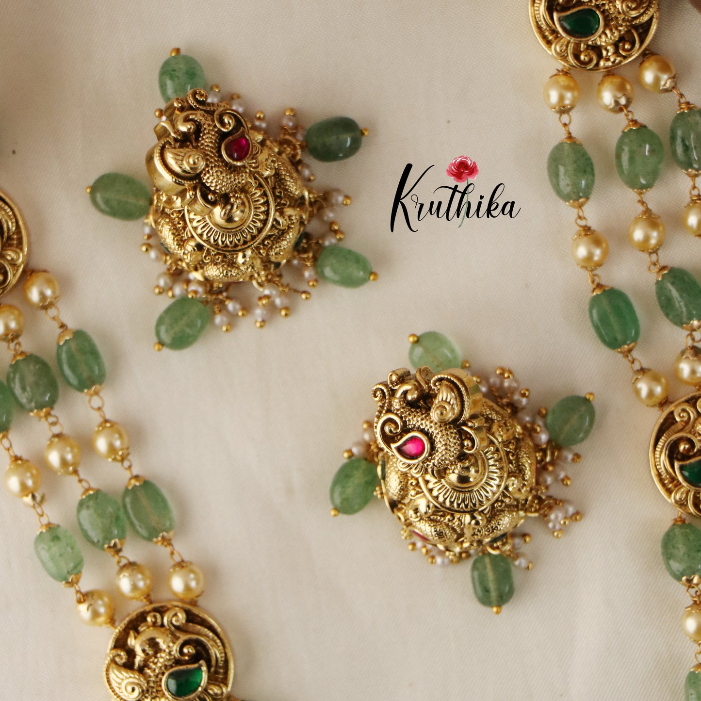 Pretty Emerald pearl beads Lakshmi Jadau Mid length haarm LH631( Available in 2 Colours)