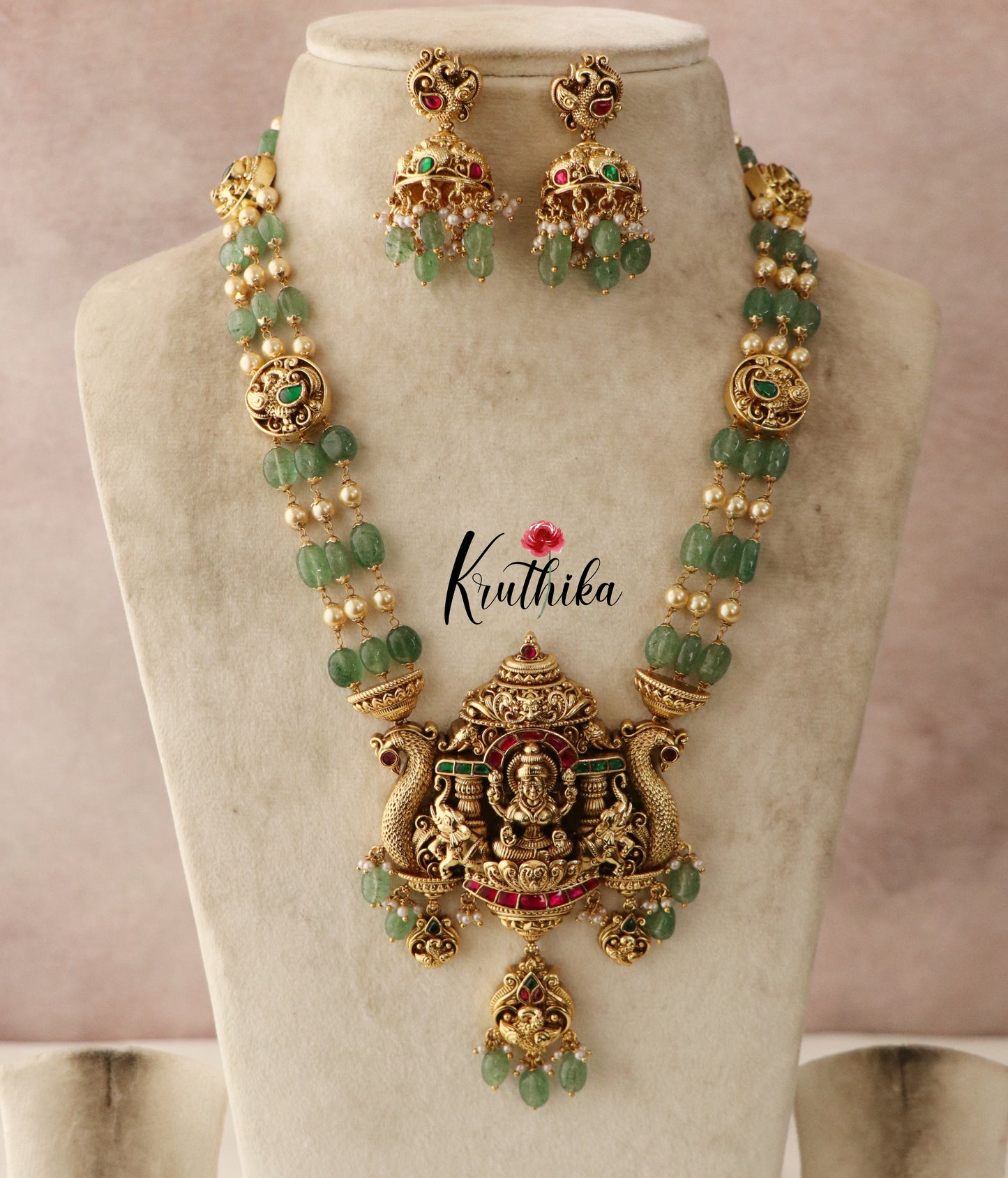 Pretty Emerald pearl beads Lakshmi Jadau Mid length haarm LH631( Available in 2 Colours)