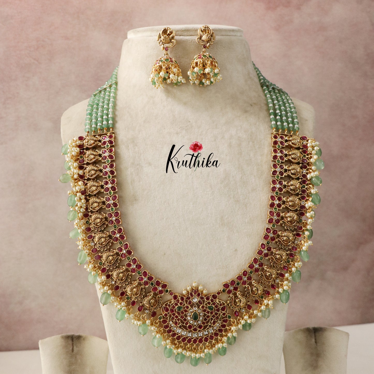 Grand Onyx Beads Peacock Kempu Haaram LH748