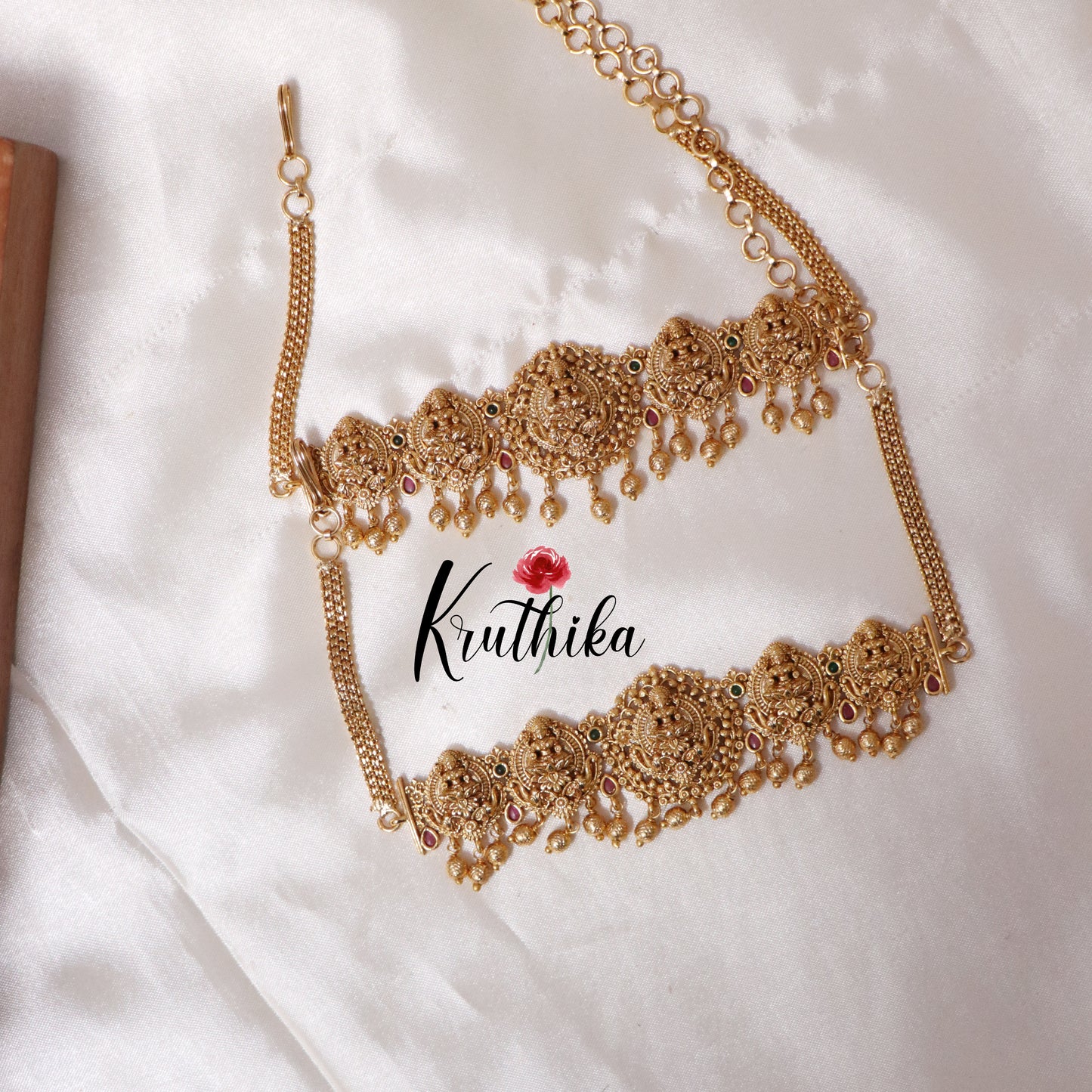 Trendy Lakshmi Temple-Style Bajubandh with Golgen Beads Drops – Set of 2 BB07