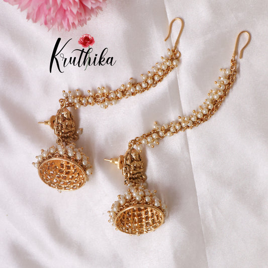 Premium Lakshmi Devi Pearl jhumkas with earchains E426