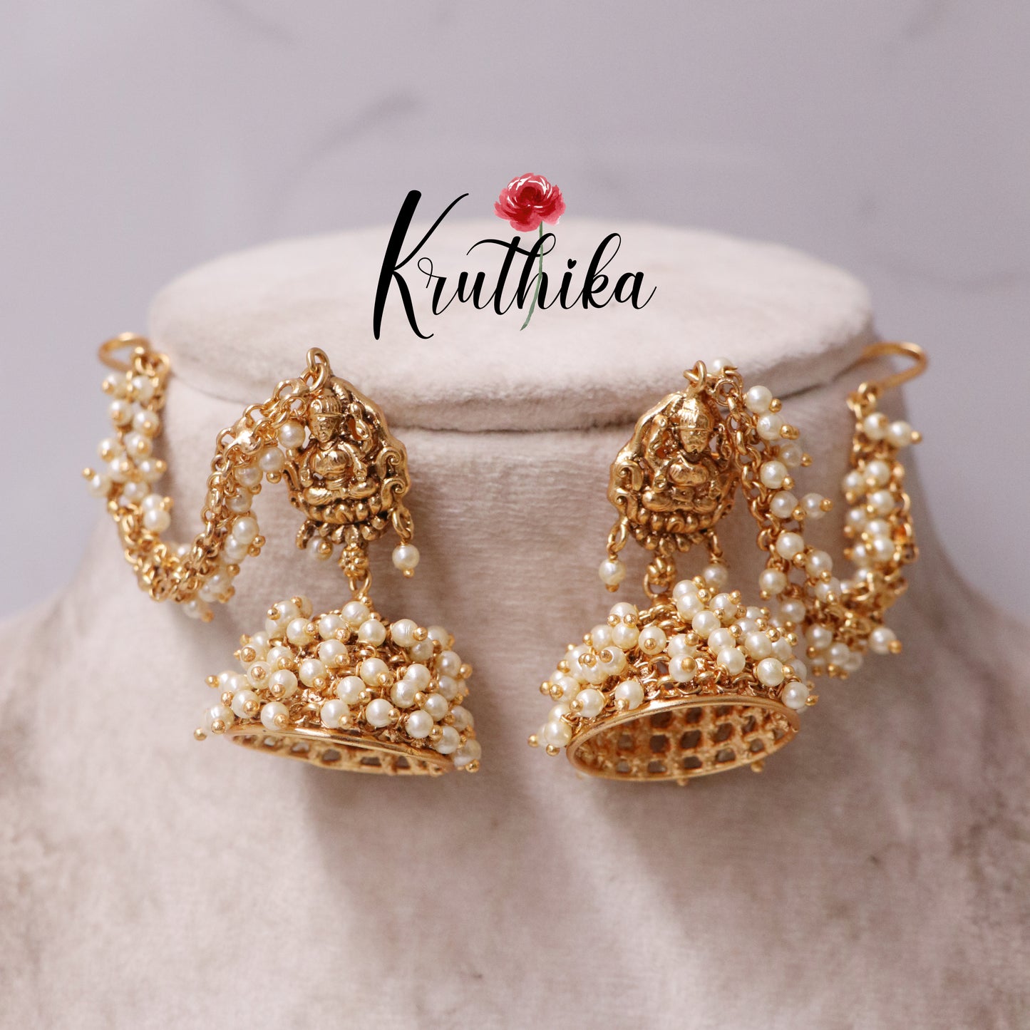 Premium Lakshmi Devi Pearl jhumkas with earchains E426