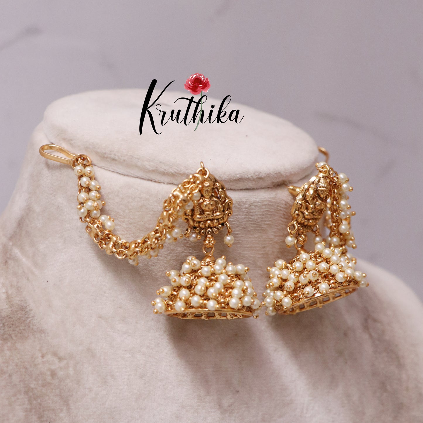 Premium Lakshmi Devi Pearl jhumkas with earchains E426