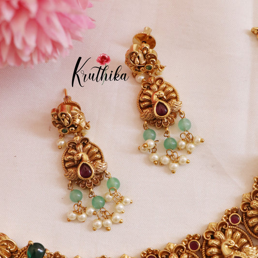 Beautiful Peacock Kemp Necklace with pastel bead drops NC1696