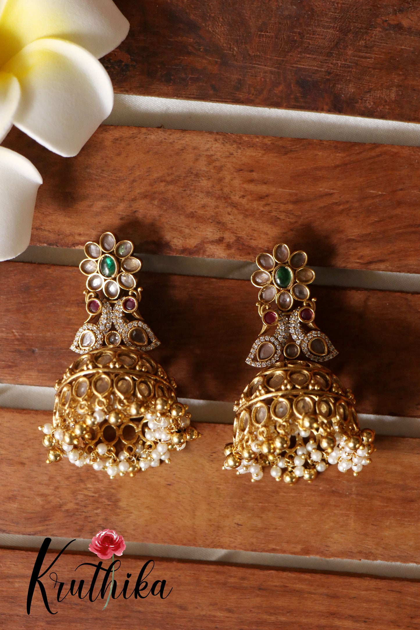 Premium peacock uncut stone Jhumkas E340