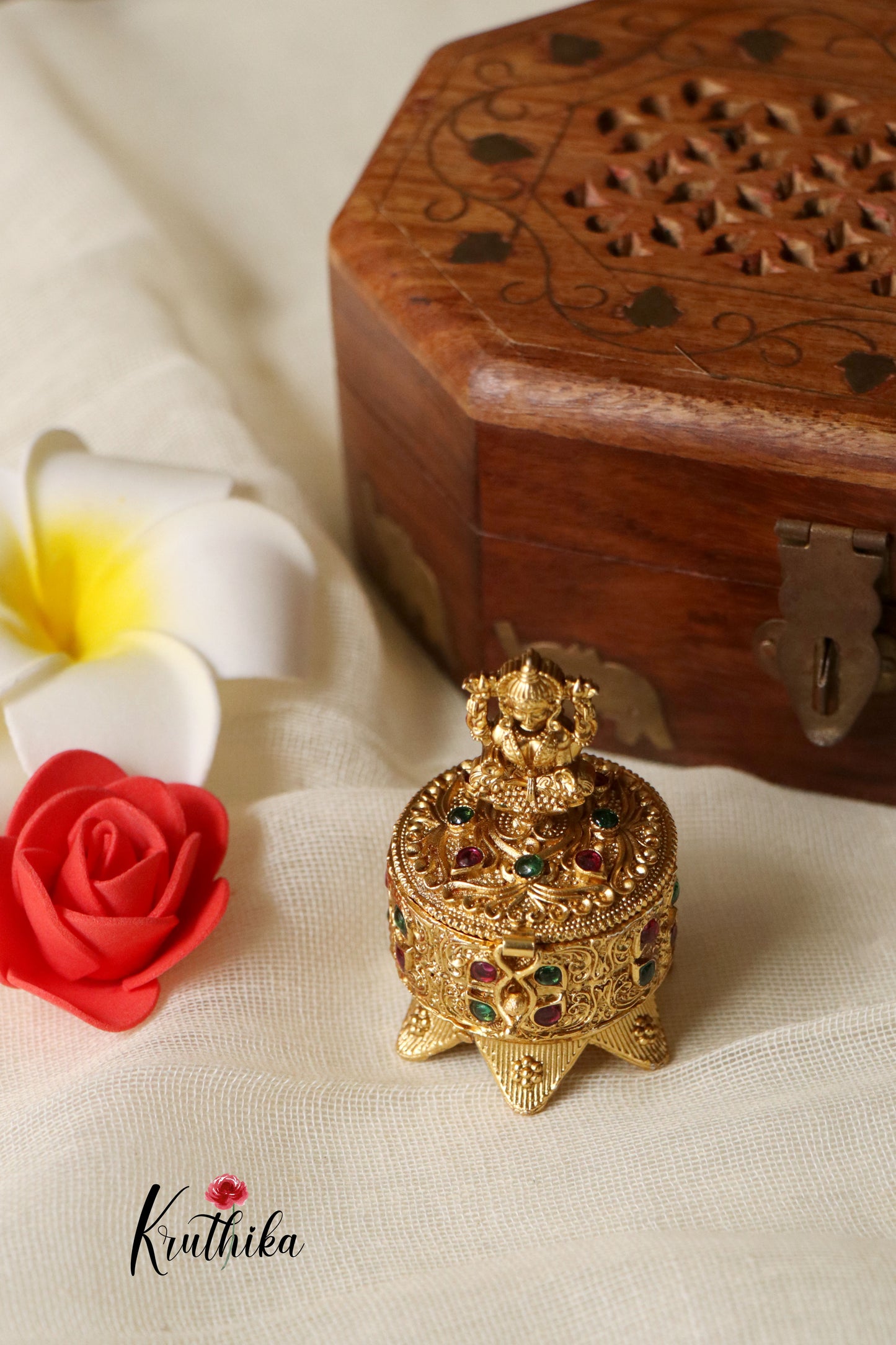 Gold alike Lakshmi Devi peacock Kumkum box K13