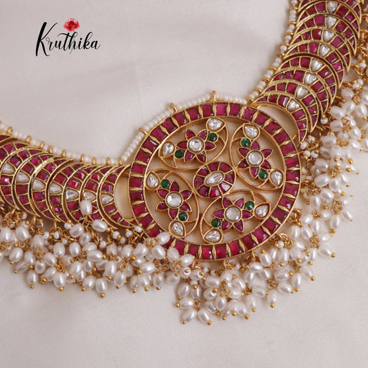 Elegant Floral Jadau necklace with White Beads NC1993