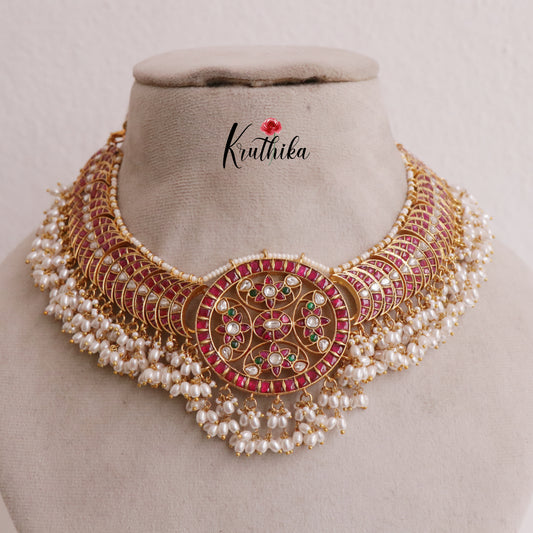 Elegant Floral Jadau necklace with White Beads NC1993