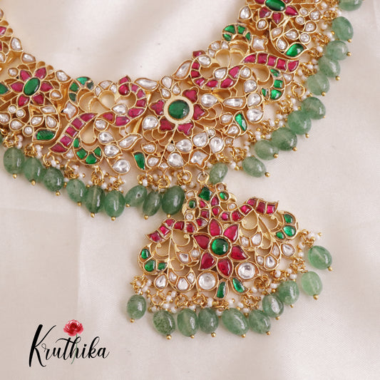 Beautiful Multi Stone Jadau Necklace with Green Beads NC2007